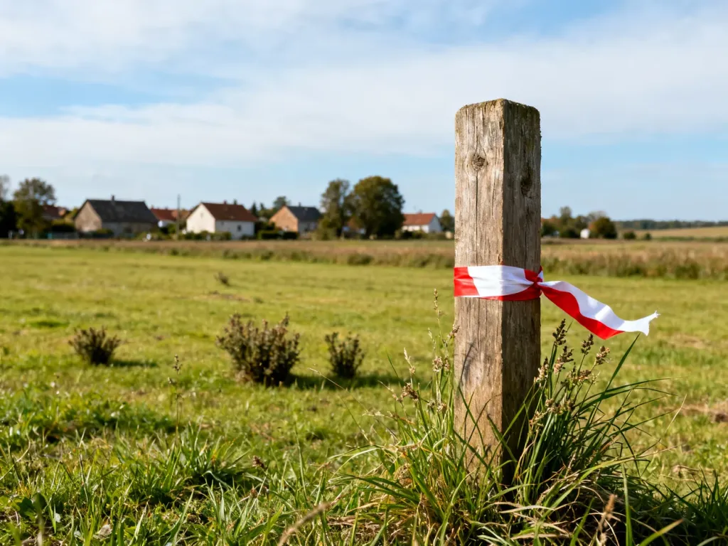 Drewny palik z taśmą geodezyjną wyznacza granicę działki na wiejskim polu w pobliżu zabudowań i drzew.
