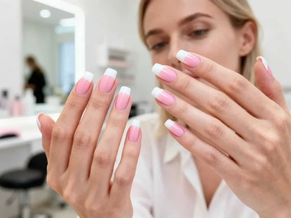 Dłonie z profesjonalnym manicure typu babyboomer z płynnym przejściem od różu do bieli w jasnym, minimalistycznym salonie.