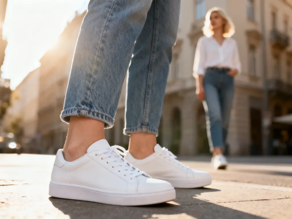 Kobieta w białych sneakersach i jeansach na tle słonecznej ulicy, prezentująca modną stylizację z obuwiem sportowym.